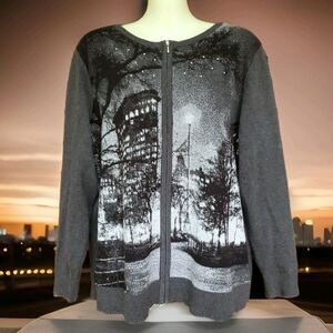 Christopher & Banks Cardigan Sweater Petite XL Gray Full Zip City Scape Y2K 00s
